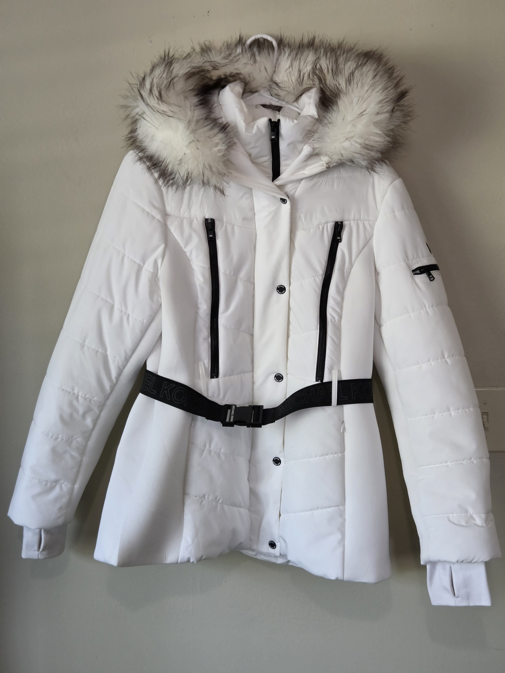 Michael Kors White Quilted Puffer Coat Removable Faux-Fur Trim Hood Black Belt